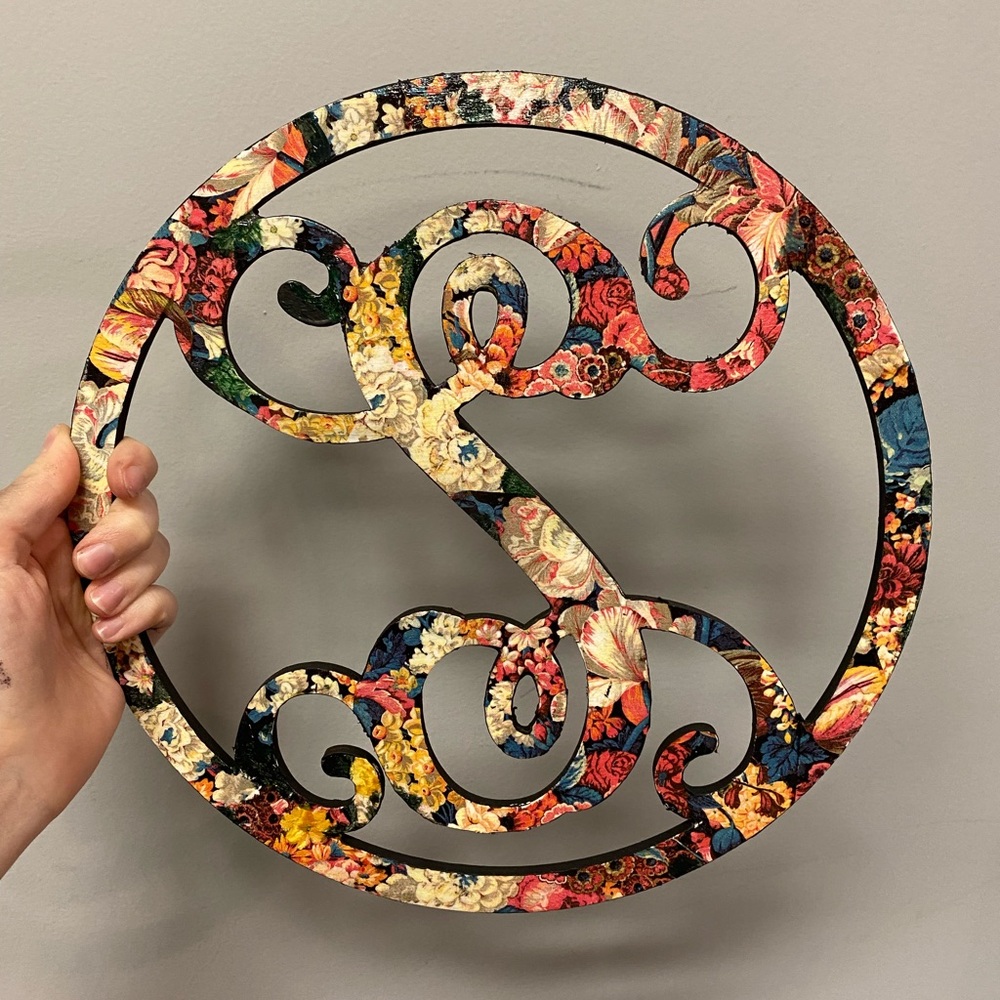 Wooden Letter Initial S Floral Circle Wreath 12”